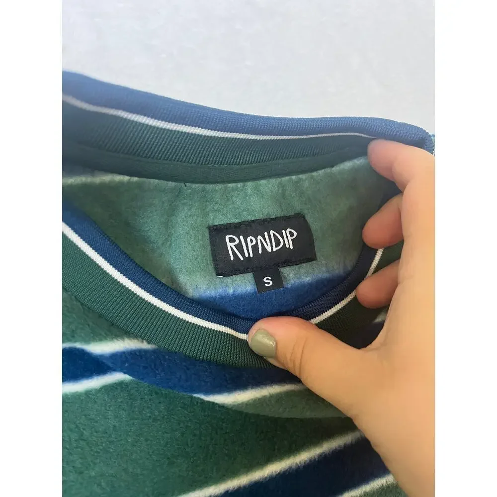 RipnDip Green Striped Long Sleeve Polar Fleece Crewneck Nermal Cat sz S Skater